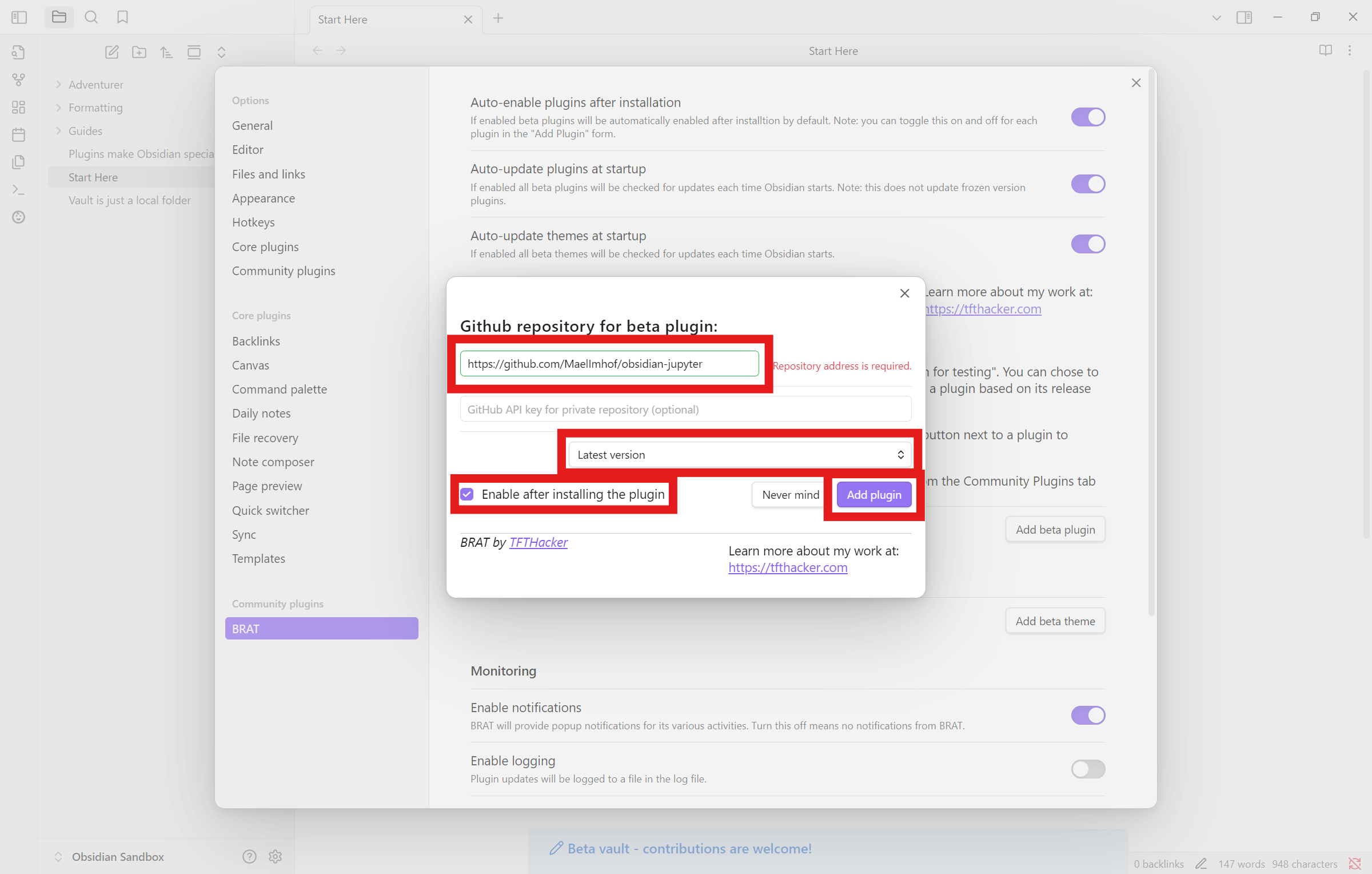 Screenshot of the fields to fill in to install the plugin in beta