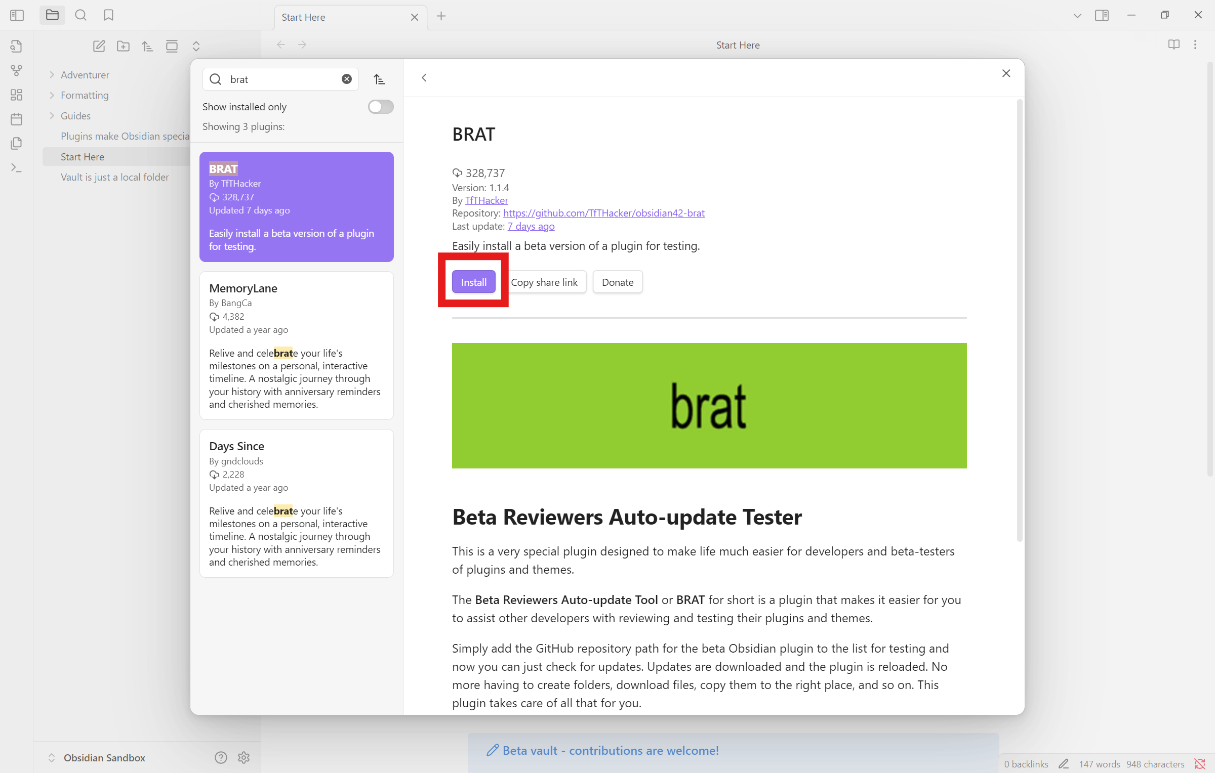 Screenshot of BRAT in the Obsidian community plugins list